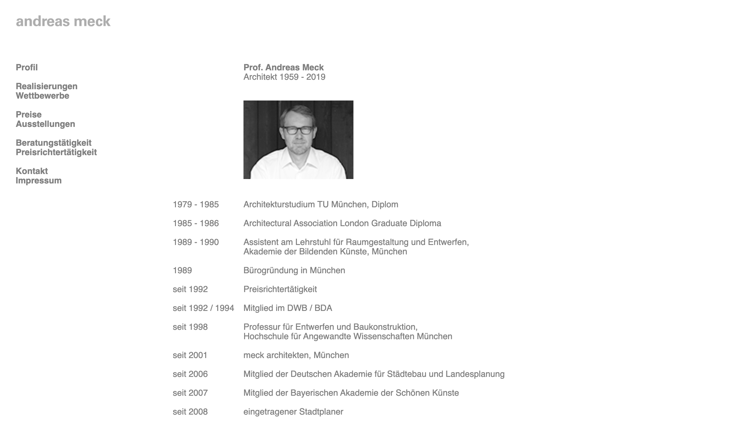 Screenshot Website: Prof. Andreas Meck, Architekt