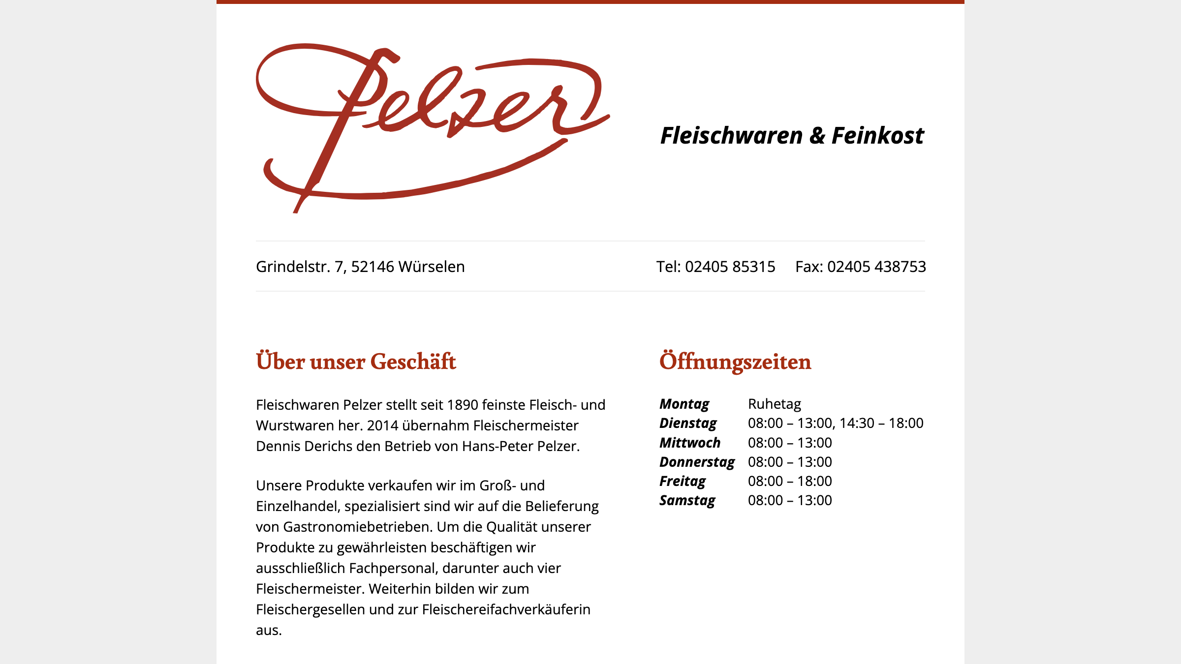 Screenshot Website: Fleischwaren Pelzer